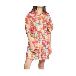 NEW APNY belted dress with puff sleeves in coral multi